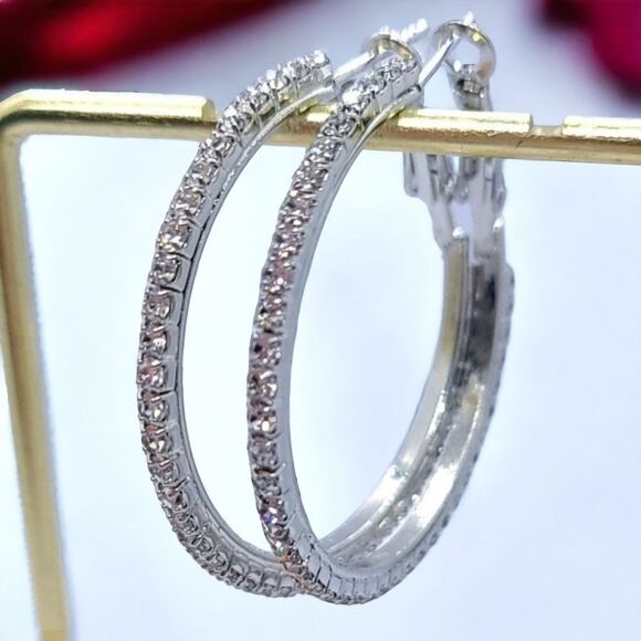 Rhinestone Pave Hoop Earrings Classic Wedding Prom Bridal Bride Jewelry Silver - Picture 2 of 6